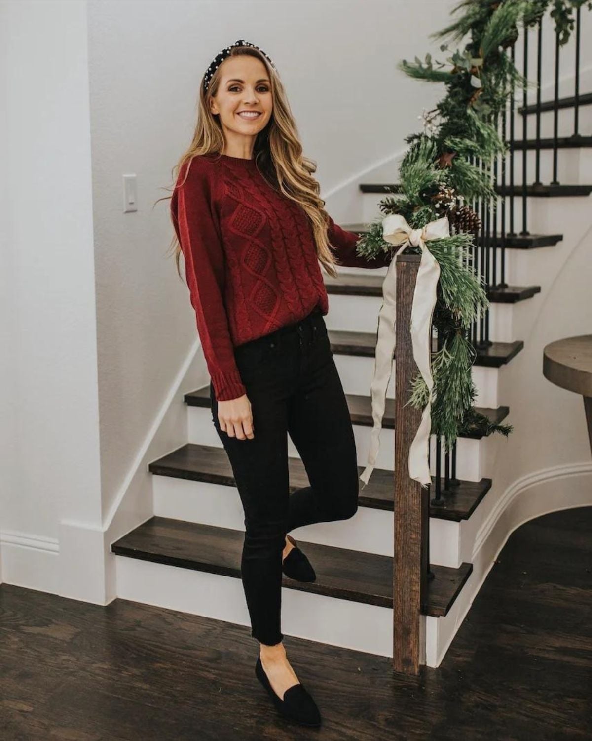 Red Cable Knit Sweater With Skinny Jeans — Casual Christmas Outfits