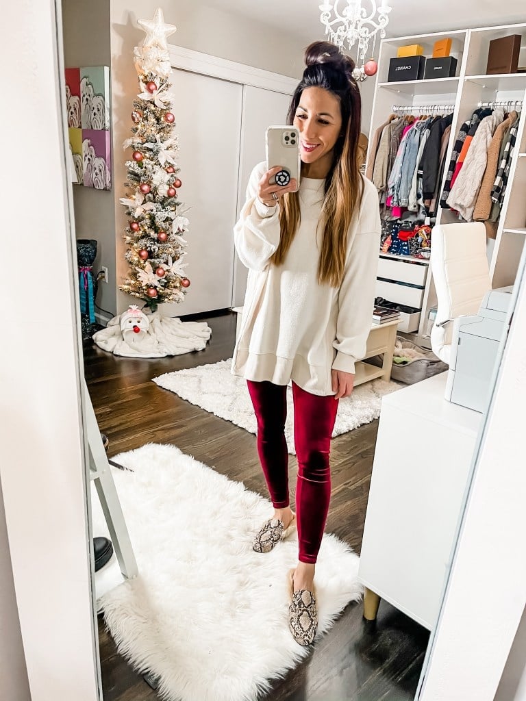 Cream Sweatshirt With Velvet Leggings — Casual Christmas Outfits