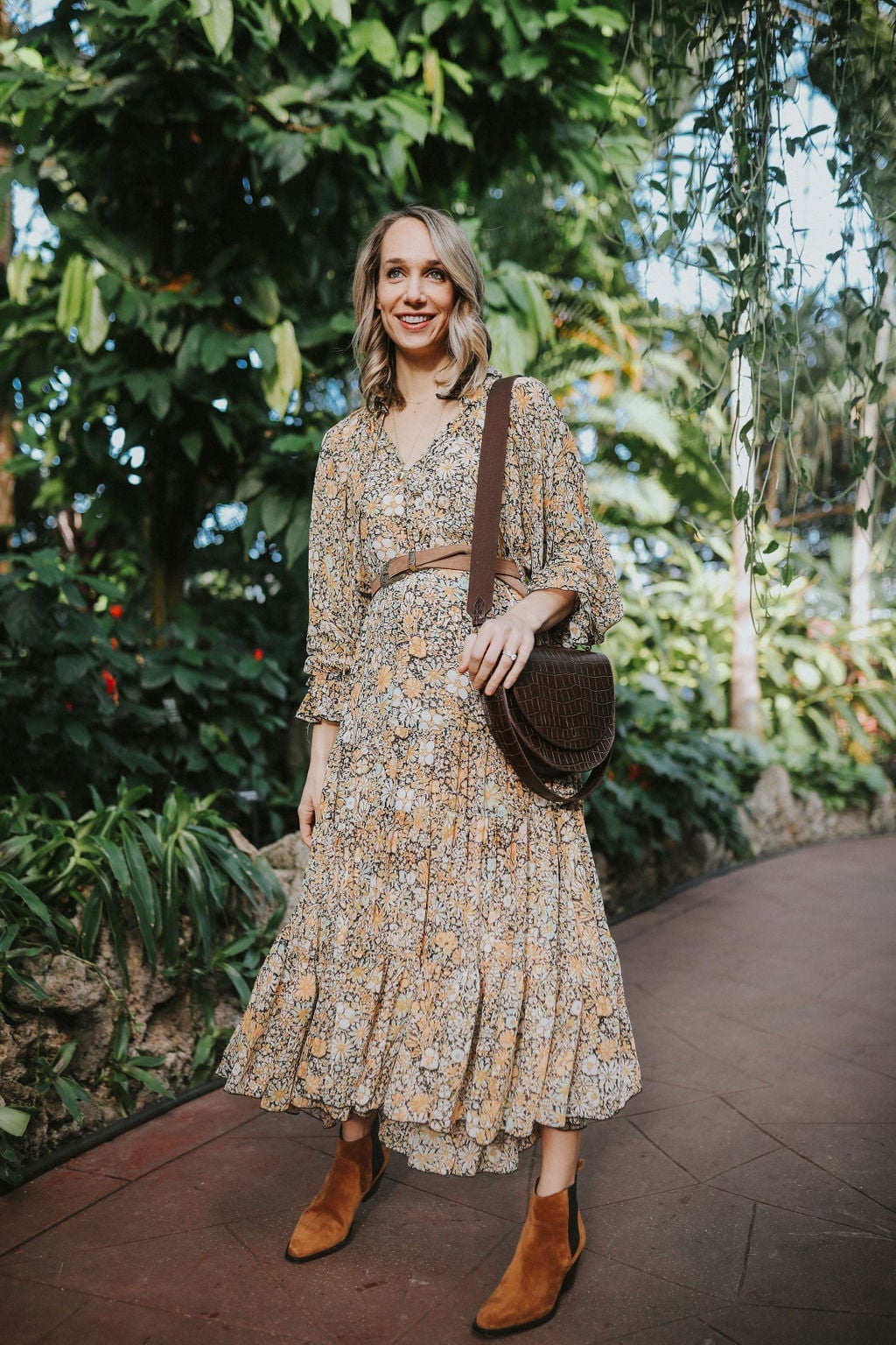 Floral Print Midi Dress with Tiered Silhouette — Casual Church Outfit