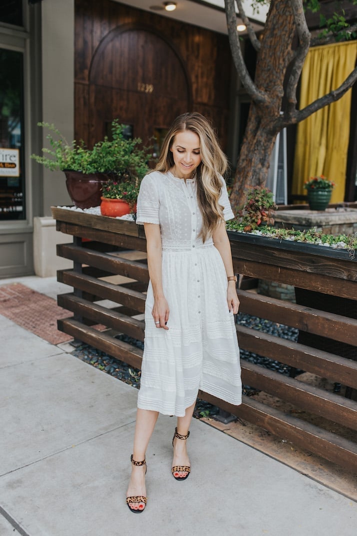 White Cotton Midi Dress with Leopard Print Shoes — Casual Church Outfit