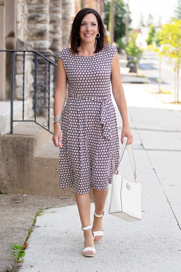 Geometric Print Fit and Flare Dress — Casual Church Outfit