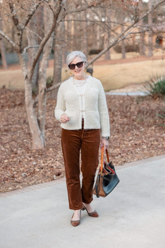 Cream Cardigan with Brown Corduroy Pants — Casual Church Outfit