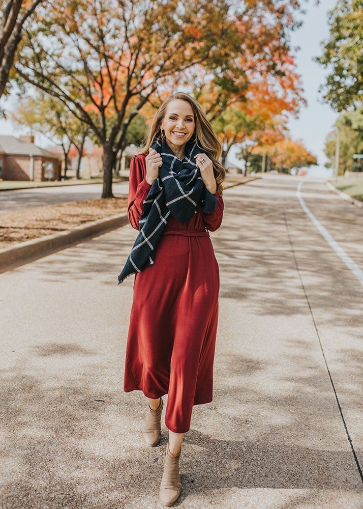 Red Midi Dress with Plaid Scarf — Casual Church Outfit