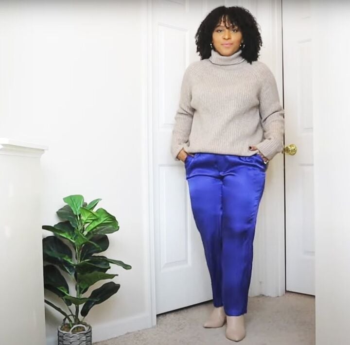 Beige Turtleneck with Royal Blue Satin Trousers — Casual Church Outfit