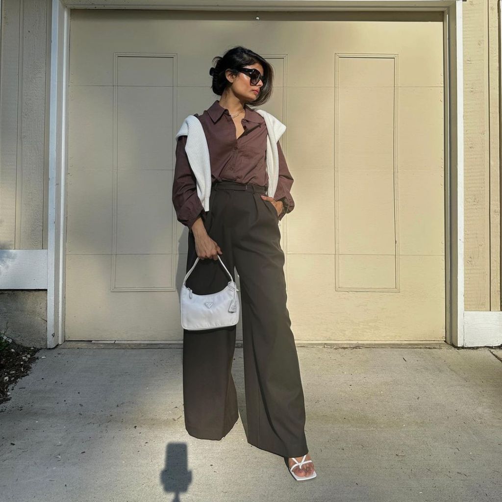 Brown Shirt and Draped Sweater Create a Layered Look — Casual Church Outfit