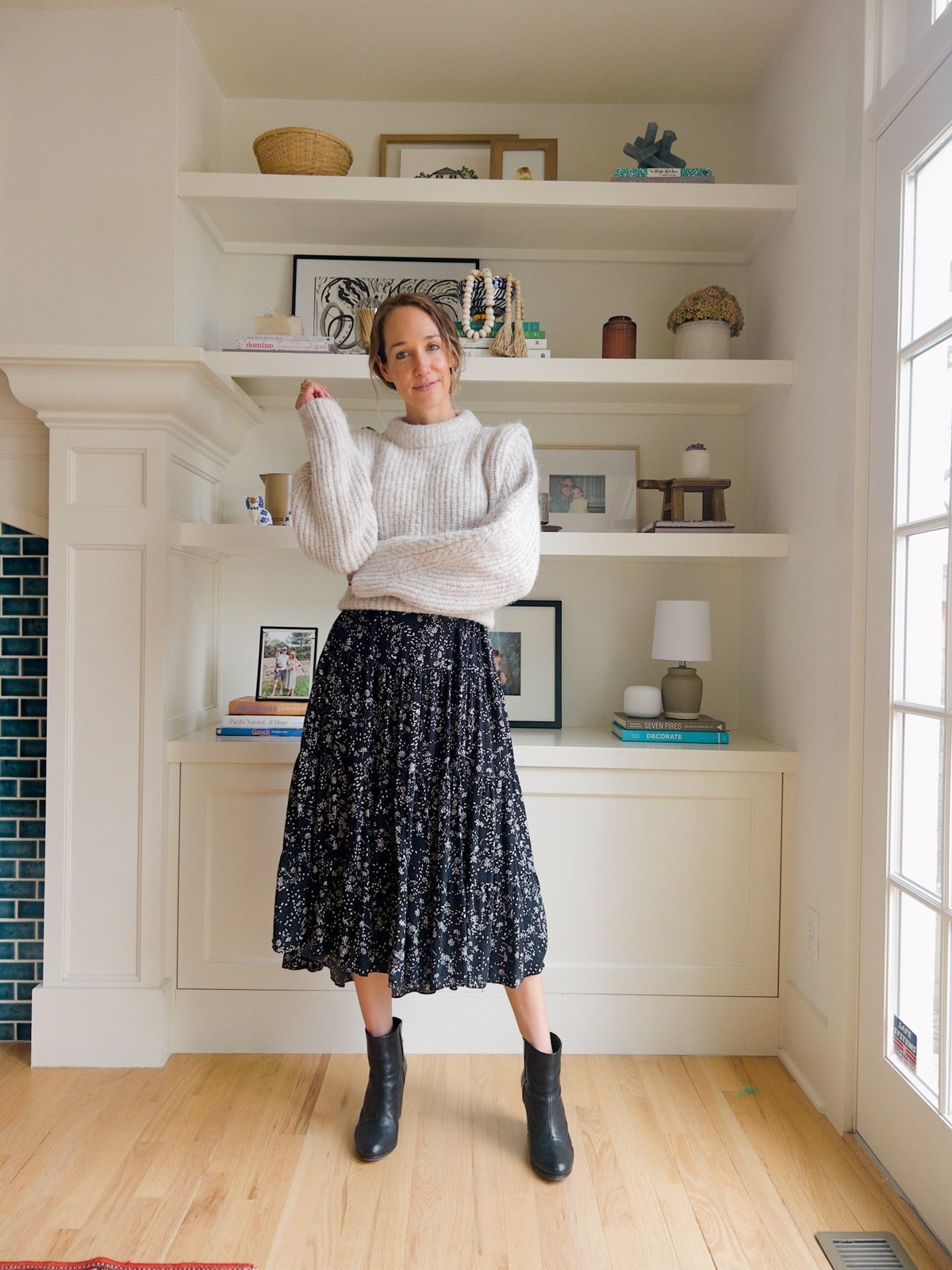 Oversized Knit Sweater and Pleated Midi Skirt — Casual Church Outfit