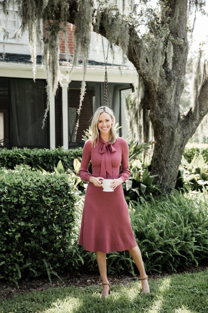 Pink Knit Dress with Bow Detail — Casual Church Outfit