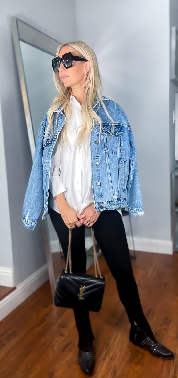 Skinny Pants with Oversized Denim Jacket — Casual Church Outfit