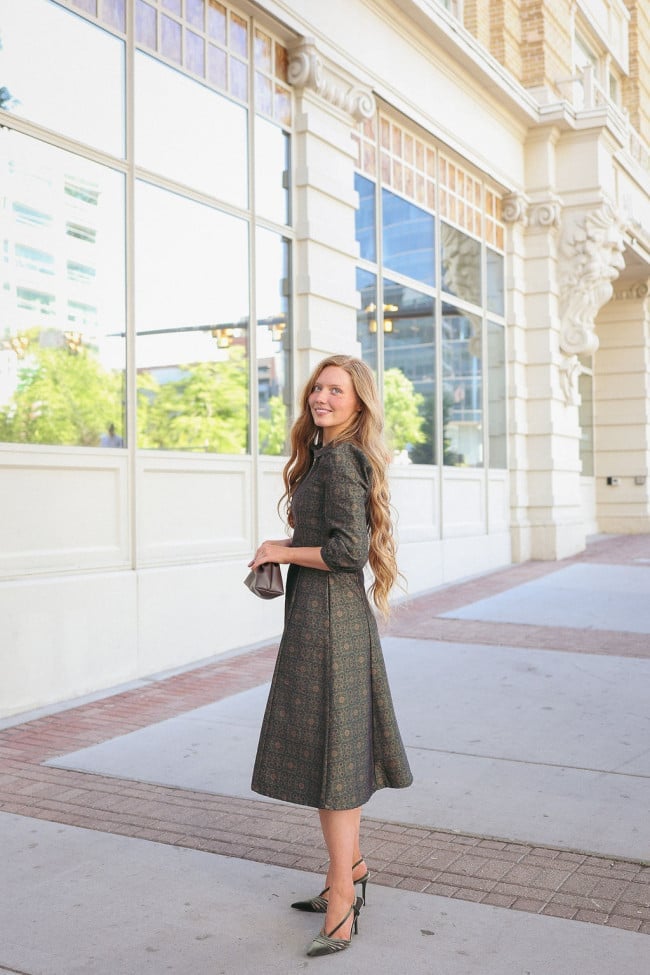 Dark Green Textured Print Midi Dress — Casual Church Outfit