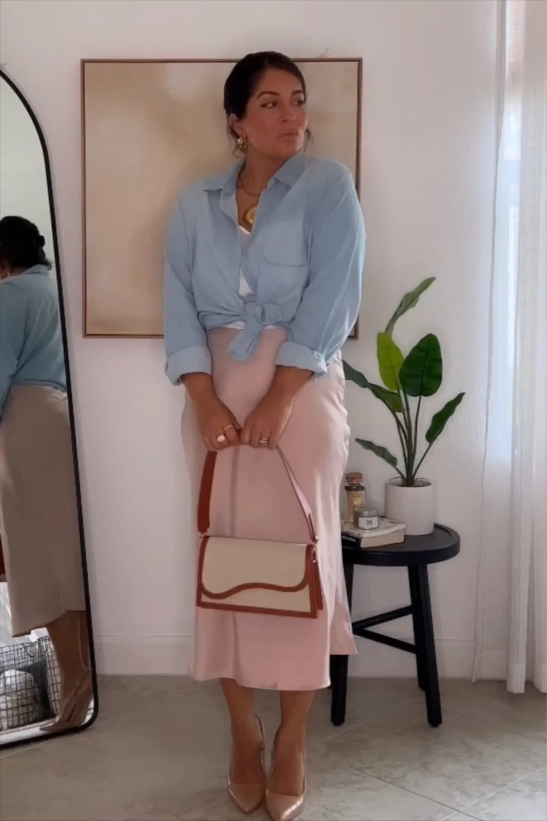 Tied Button-Down Shirt and Satin Midi Skirt — Casual Church Outfit