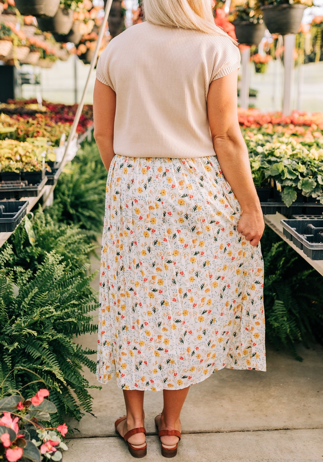 Ribbed Knit Top with Floral Print Midi Skirt — Casual Church Outfit