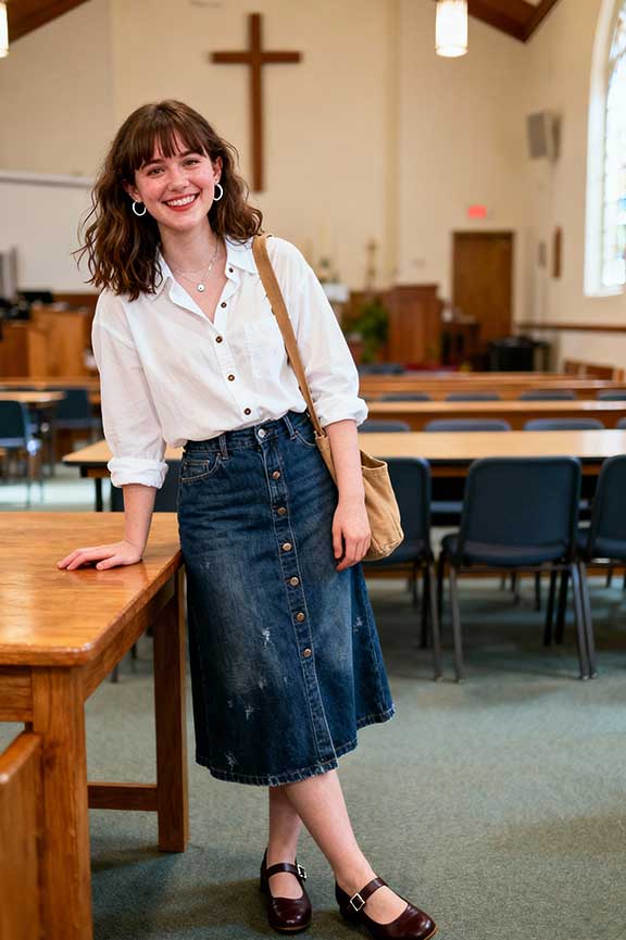 White Button-Down with Denim Midi Skirt — Casual Church Outfit