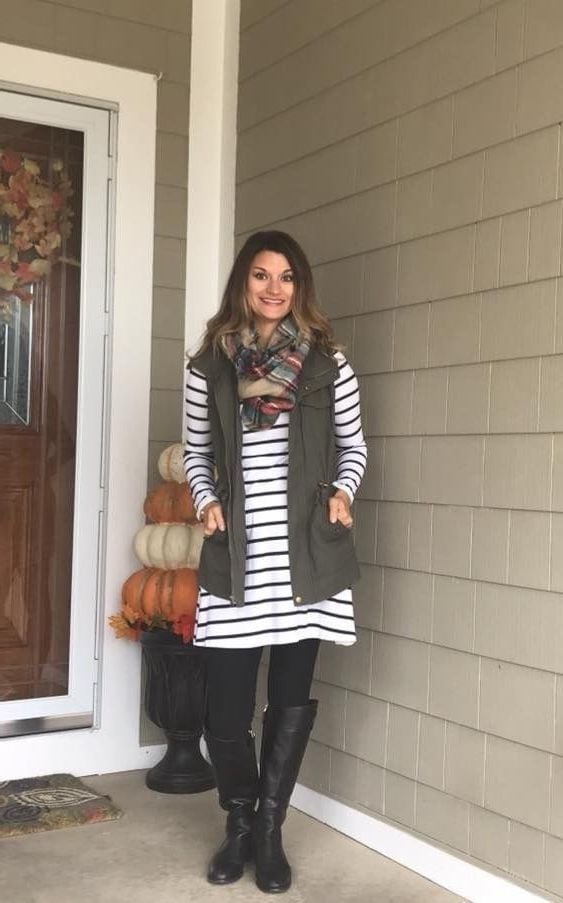 Striped Top with Utility Vest and Plaid Scarf — Casual Church Outfit