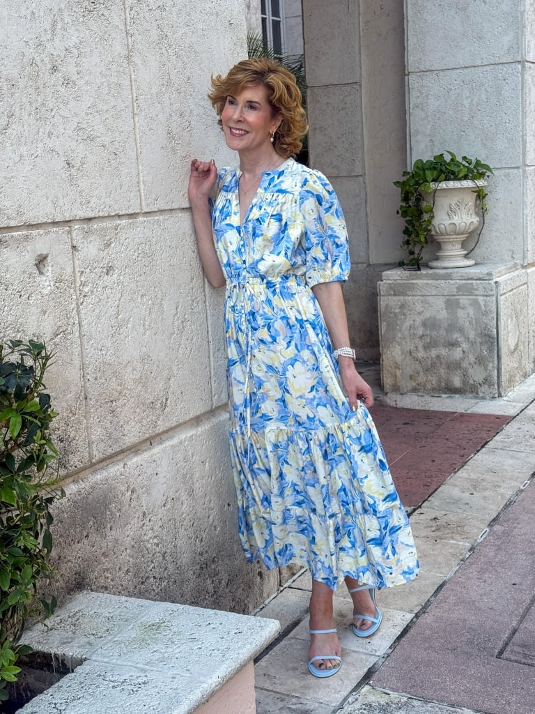 Floral Print Midi Dress with Puff Sleeves and Silver Bracelet — Casual Church Outfit
