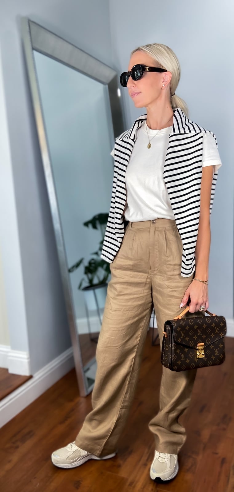 Khaki Linen Pants with Striped Sweater — Casual Church Outfit