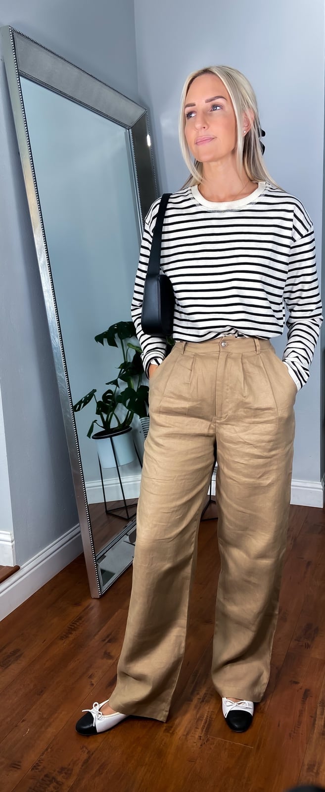Beige Linen Trousers and Striped Top — Casual Church Outfit