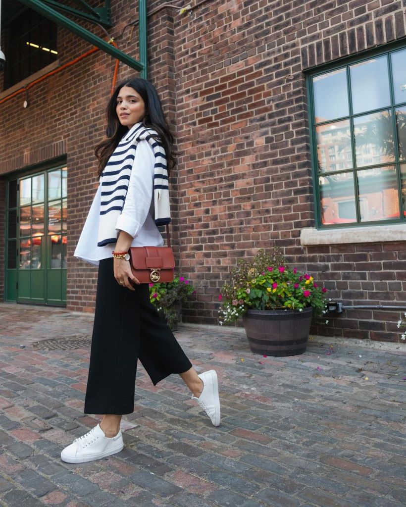 Oversized Shirt and Cropped Trousers with Draped Sweater — Casual Church Outfit