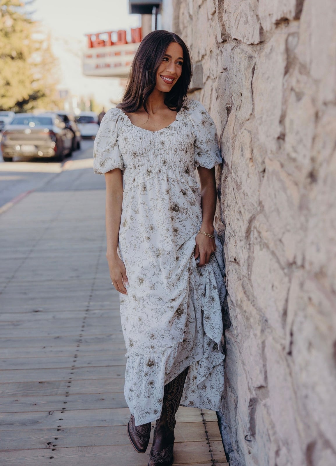 White Floral Midi Dress with Puff Sleeves — Casual Church Outfit
