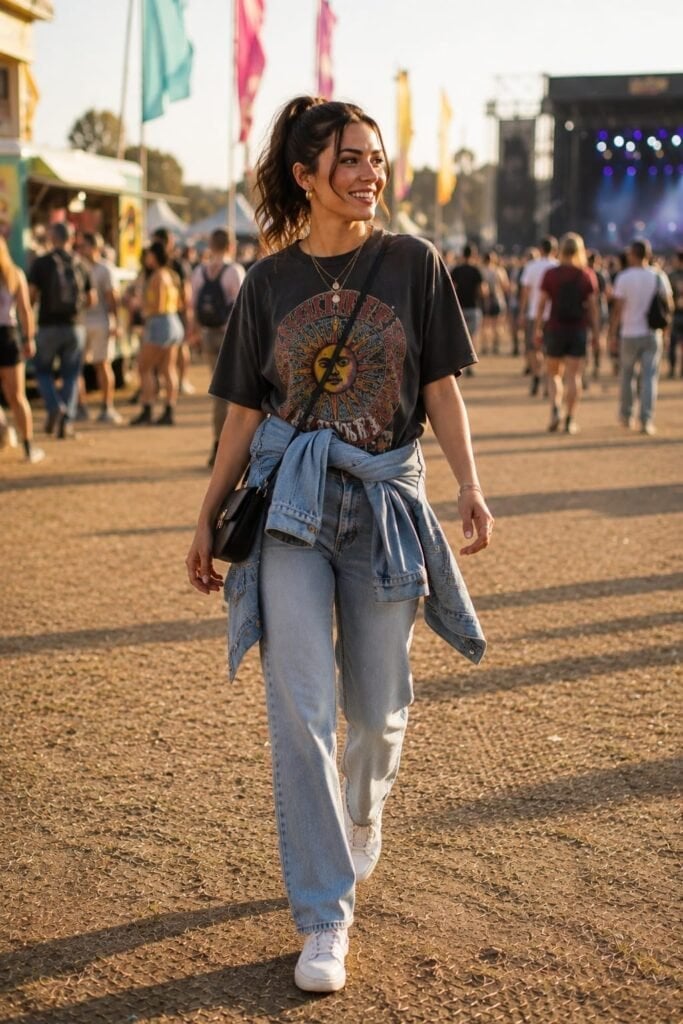 Tied Waist Denim Jacket with Graphic Tee Tied Waist Denim Jacket with Graphic Tee — Casual Concert Outfit