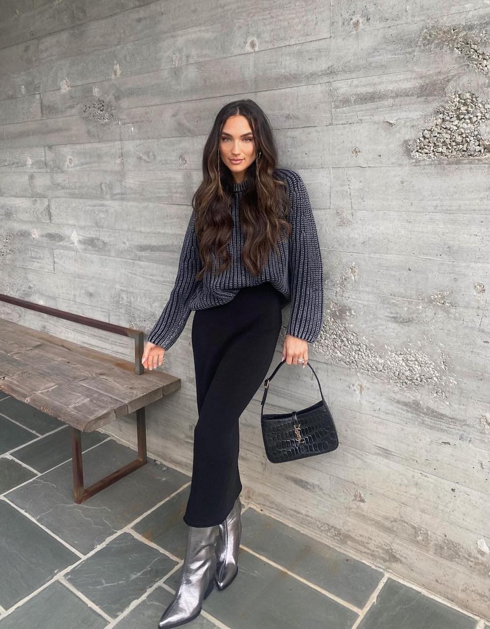 Striped Sweater with Black Skirt and Metallic Boots Striped Sweater with Black Skirt and Metallic Boots — Casual Concert Outfit