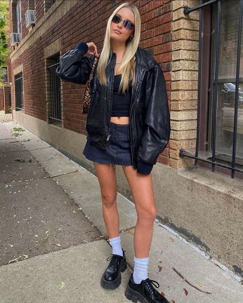 Leather Jacket with Mini Skirt and Platform Shoes Leather Jacket with Mini Skirt and Platform Shoes — Casual Concert Outfit