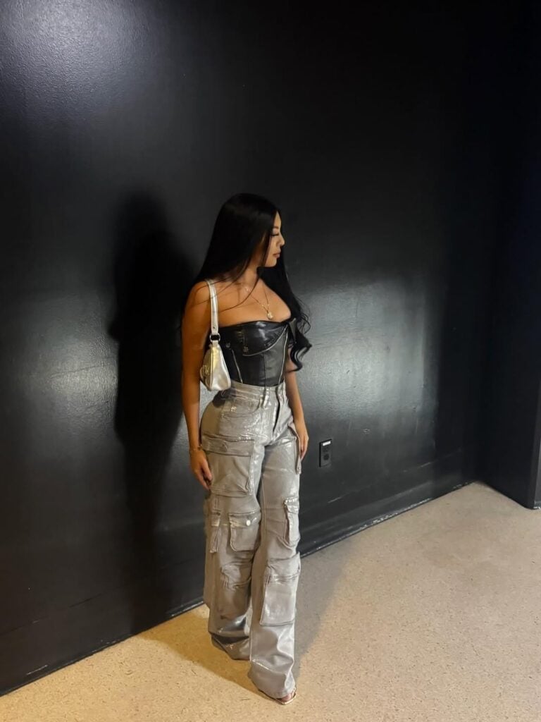 Corset Top with Metallic Cargo Pants Corset Top with Metallic Cargo Pants — Casual Concert Outfit