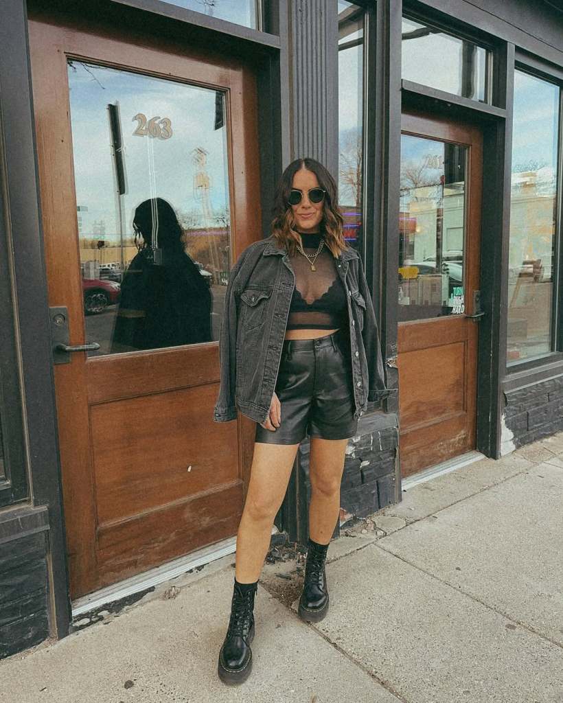Denim Jacket with Bralette and Faux Leather Shorts Denim Jacket with Bralette and Faux Leather Shorts — Casual Concert Outfit