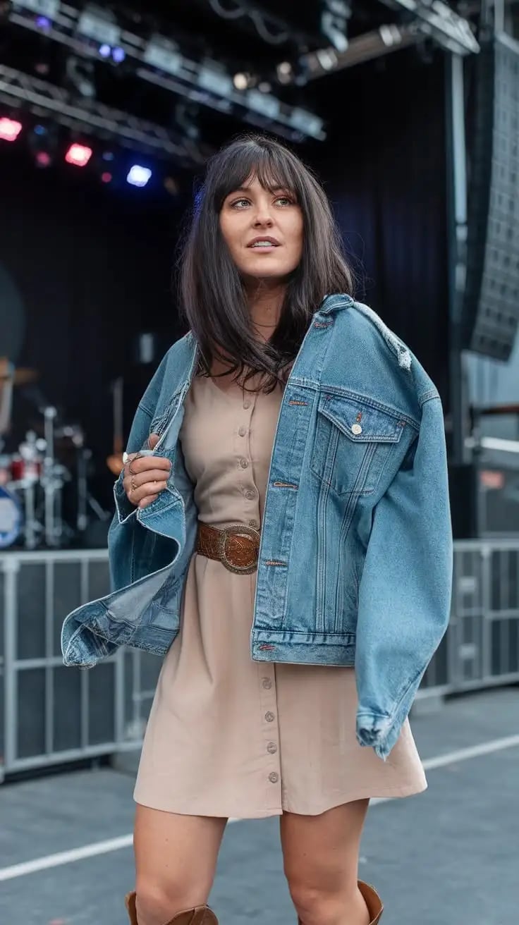 Denim Jacket Over Button-Down Dress Denim Jacket Over Button-Down Dress — Casual Concert Outfit