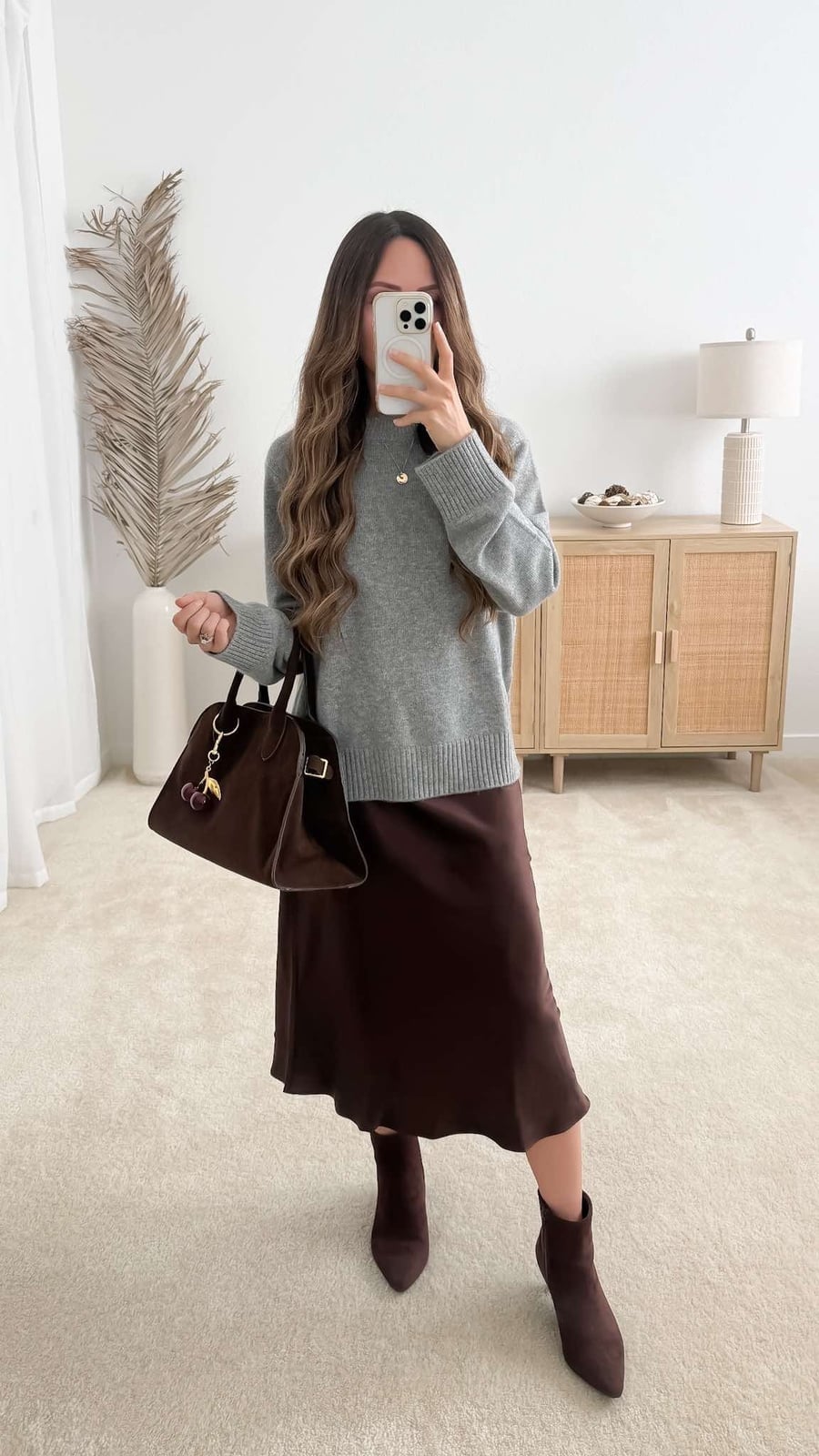 Gray Knit Sweater with Satin Slip Skirt — Casual Date Night Outfit
