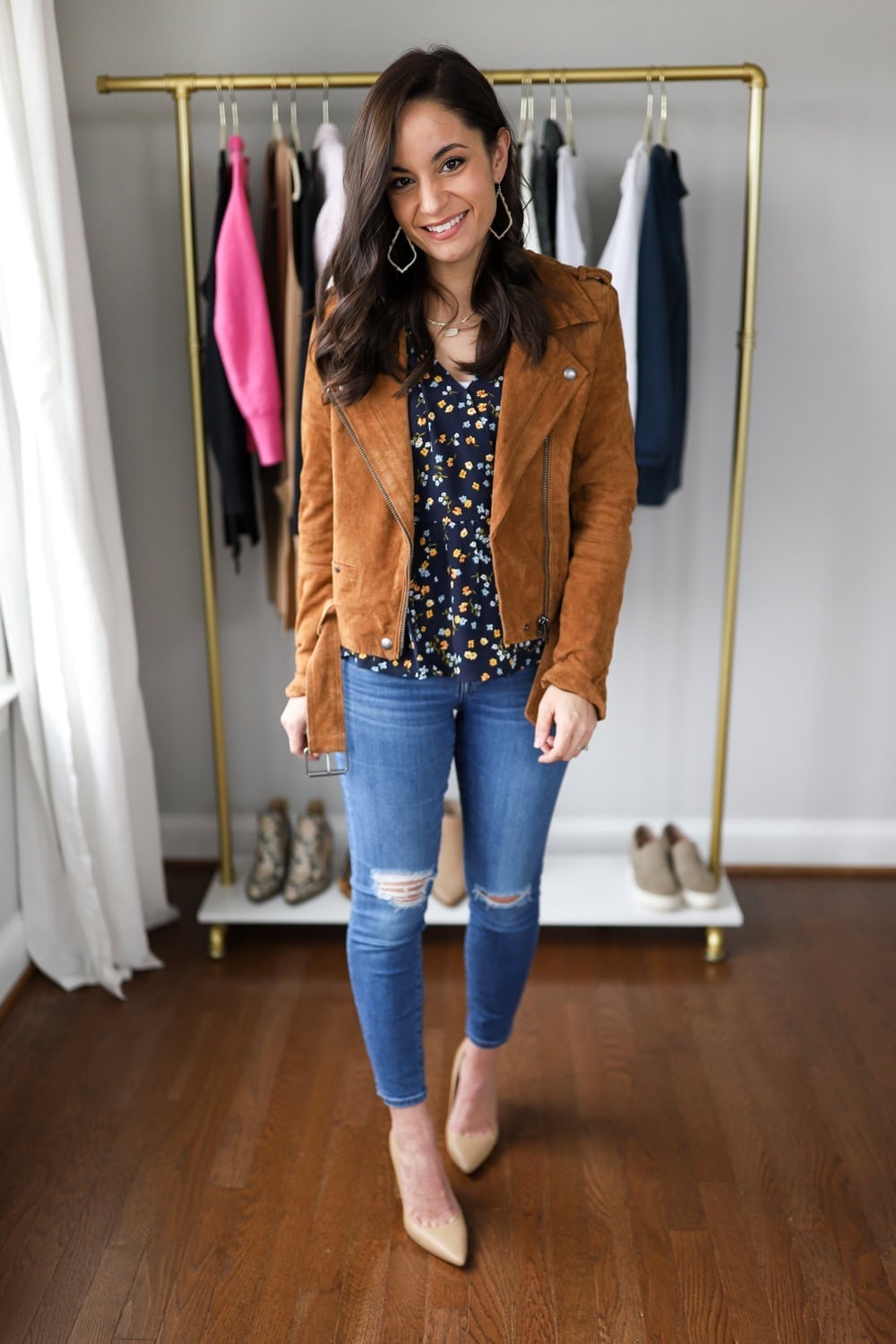 Suede Moto Jacket with Slim Jeans — Casual Date Night Outfit