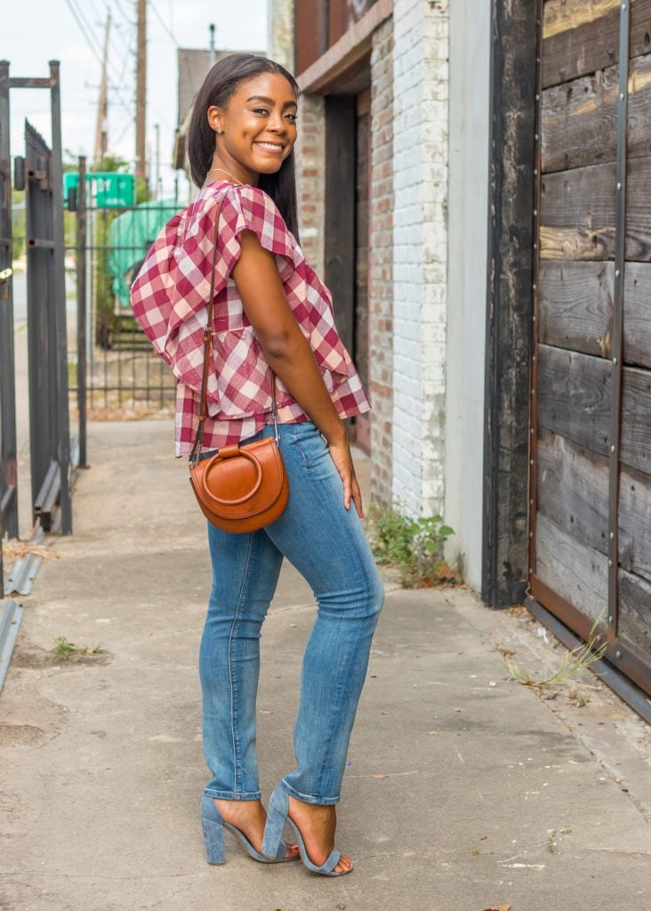 Gingham Flutter-Sleeve Top with Slim Jeans — Casual Date Night Outfit
