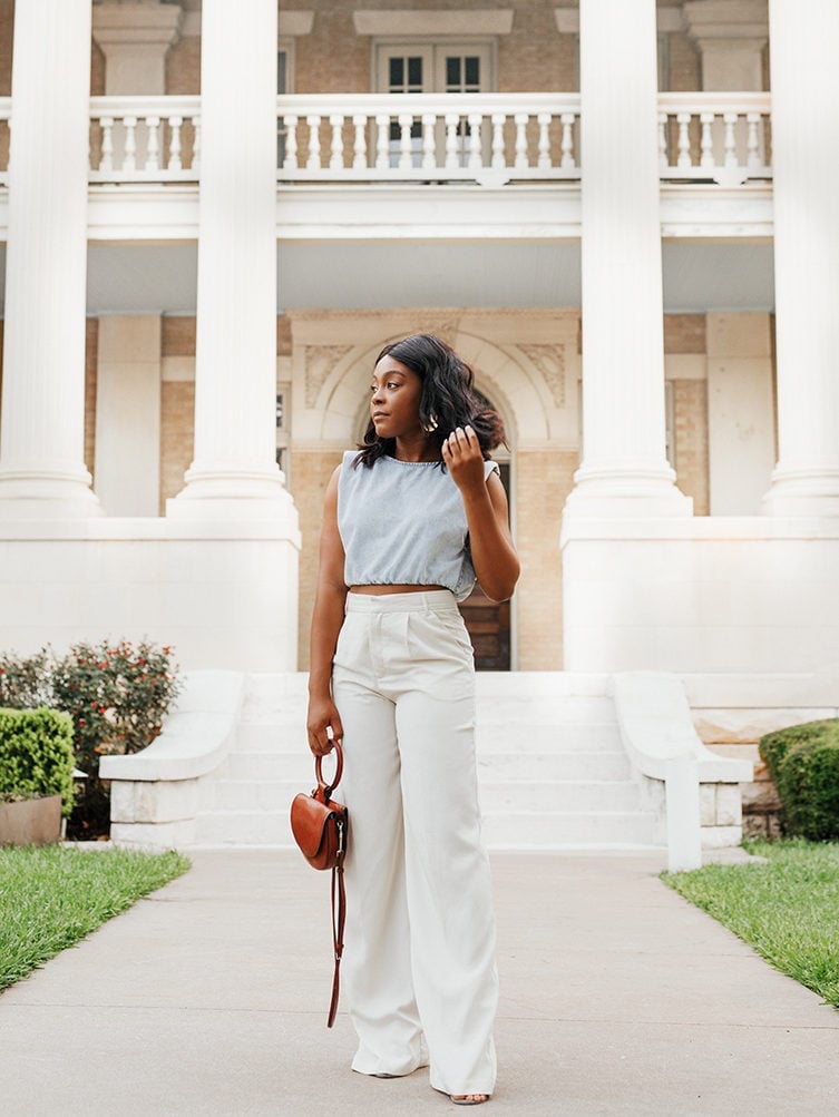 Cropped Sleeveless Top with Cream Wide-Leg Trousers — Casual Date Night Outfit