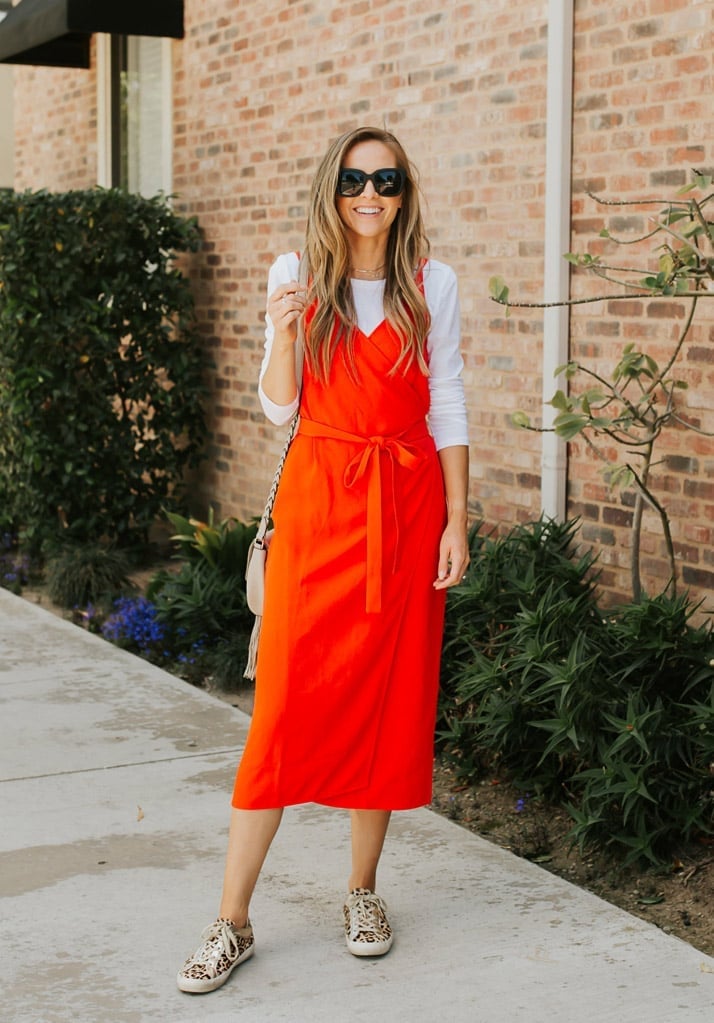 Orange Wrap Dress Over Long-Sleeve T-Shirt — Casual Date Night Outfit