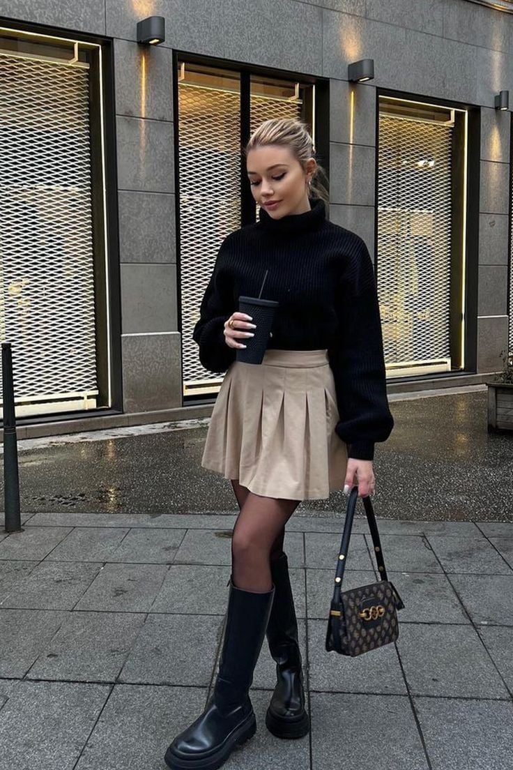 Oversized Turtleneck with Pleated Mini Skirt — Casual Date Night Outfit