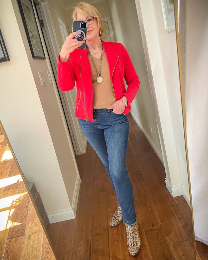 Red Moto Jacket with Tan Sweater and Jeans — Casual Date Night Outfit