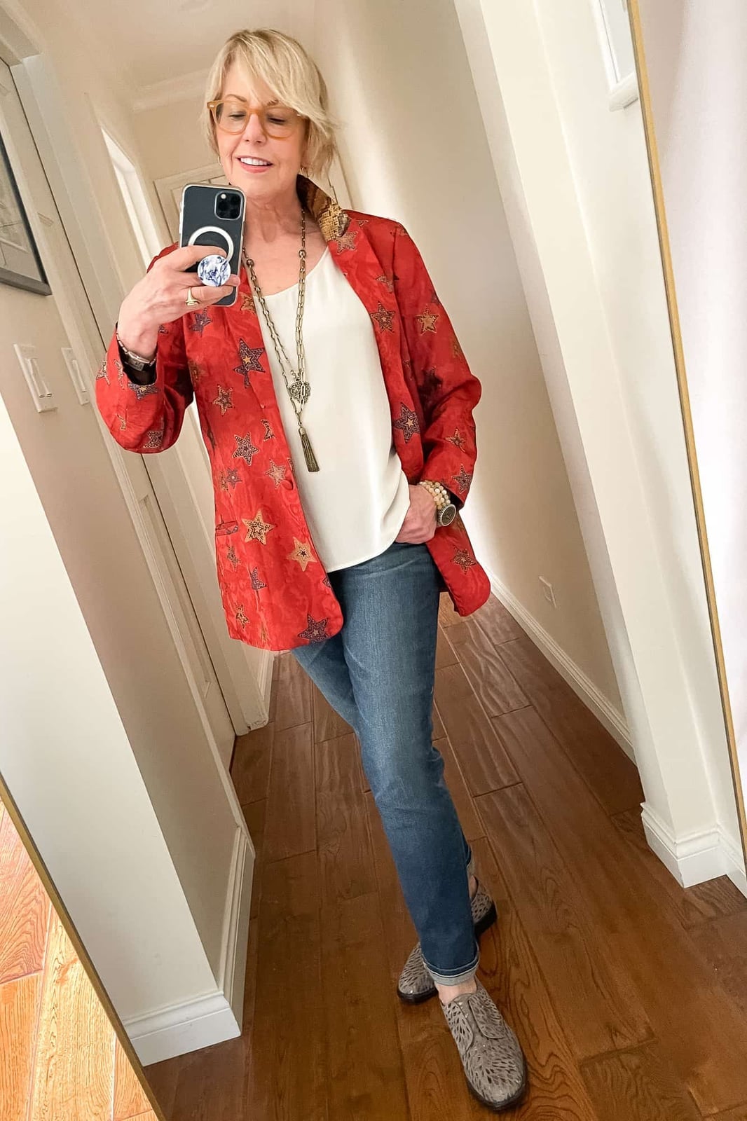 Star-patterned Blazer with Jeans and Tank Top — Casual Date Night Outfit