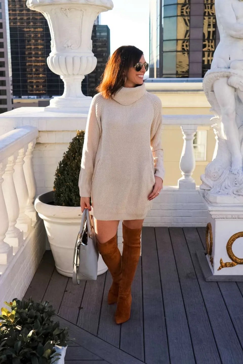Oversized Knit Mini Dress with Over-The-Knee Boots — Casual Date Night Outfit