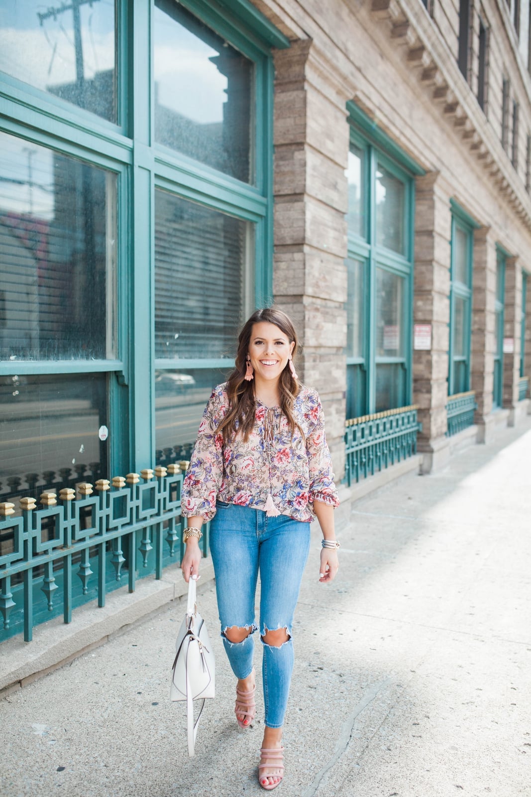 Ripped Skinny Jeans with Floral Print Blouse — Casual Date Night Outfit