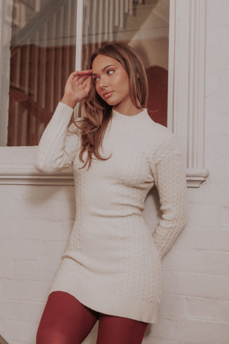 Cream Cable Knit Mini Dress With Tights Cream Cable Knit Mini Dress With Tights — Casual Dresses Outfits