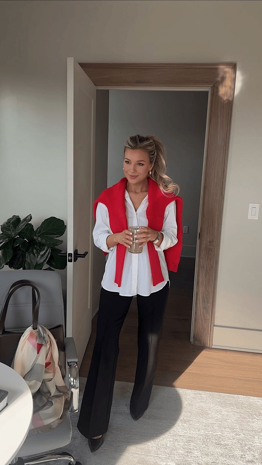 White Shirt with Red Sweater Tied Over Shoulders — Casual Office Outfit