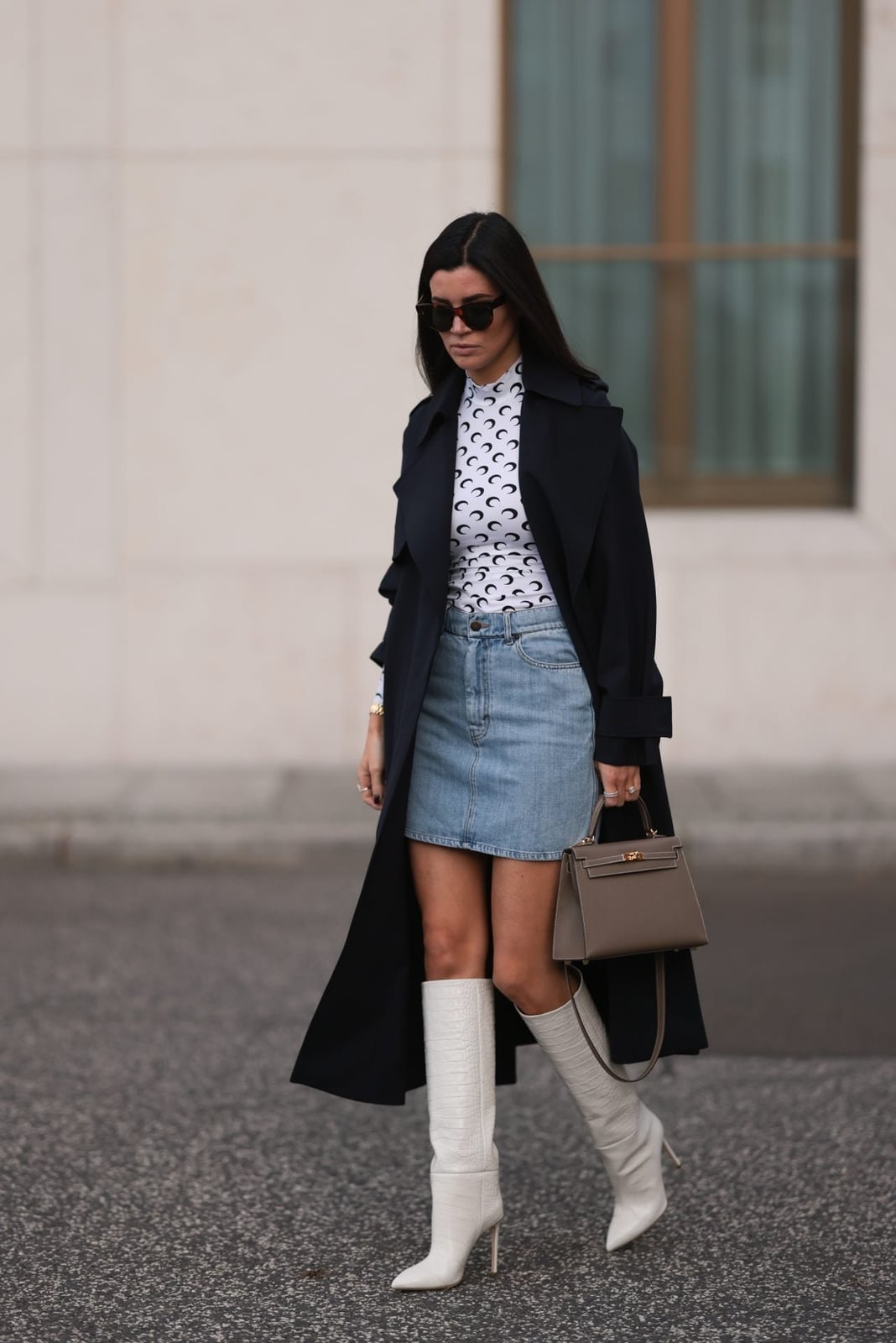 Black Trench Coat Over Patterned Turtleneck and Denim Mini Skirt — Casual Office Outfit