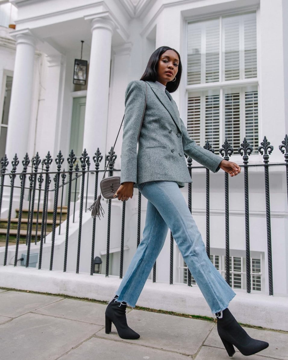 Gray Tweed Blazer with Gray Turtleneck and Flared Jeans — Casual Office Outfit