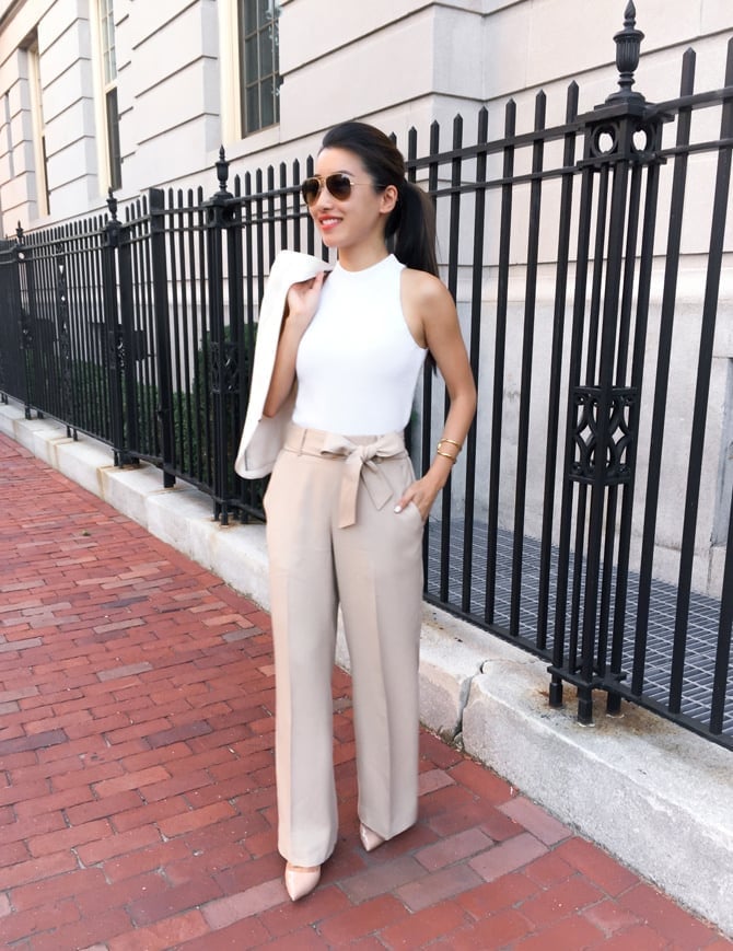 Beige Wide-Leg Trousers with White Mock Neck Top — Casual Office Outfit