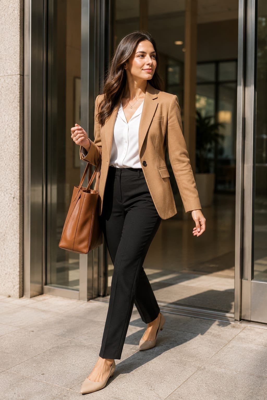 Camel Blazer Over White Blouse and Black Trousers — Casual Office Outfit