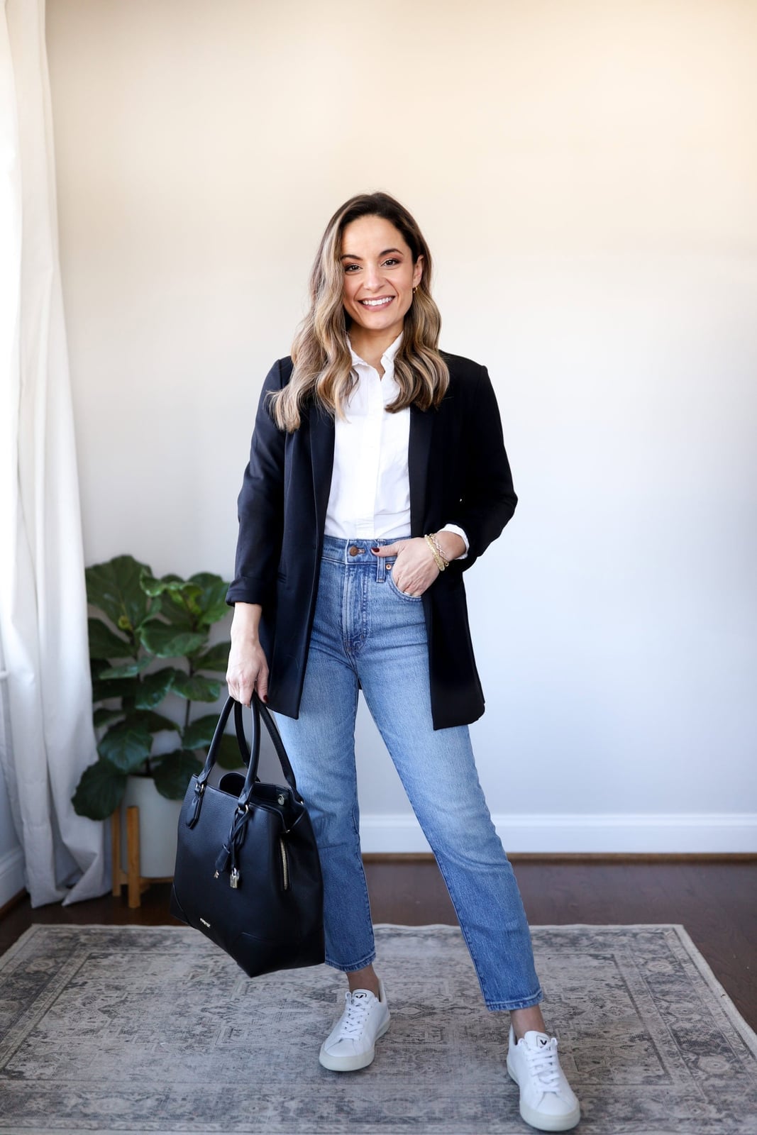 Black Oversized Blazer with White Shirt and Jeans — Casual Office Outfit