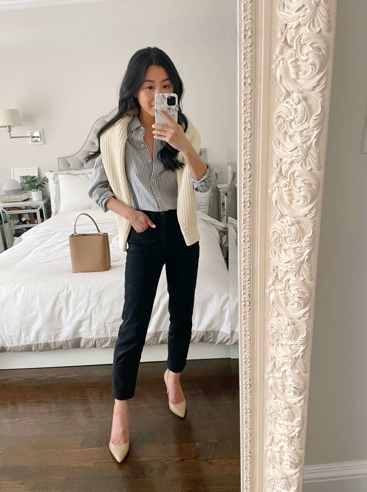 Striped Shirt with Cream Knit Vest and Black Trousers — Casual Office Outfit