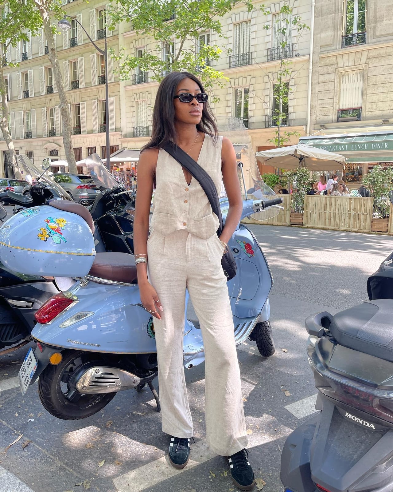Beige Linen Vest and Trousers Set with Black Sneakers — Casual Office Outfit
