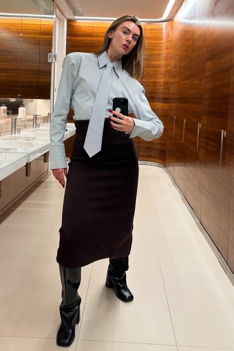 Striped Shirt with Tie and Brown Pencil Skirt — Casual Office Outfit