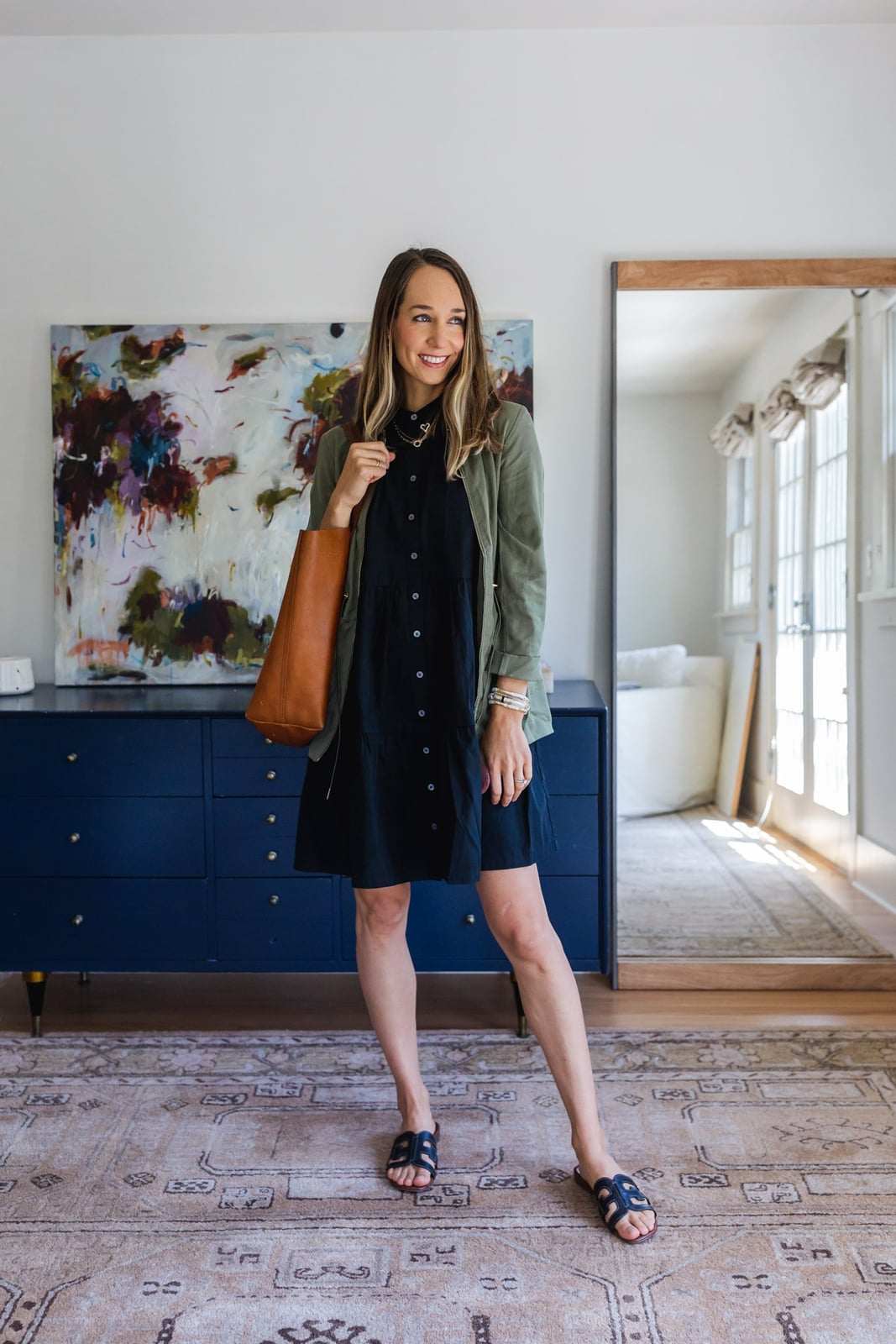Olive Green Jacket Over Black Tiered Midi Dress — Casual Office Outfit
