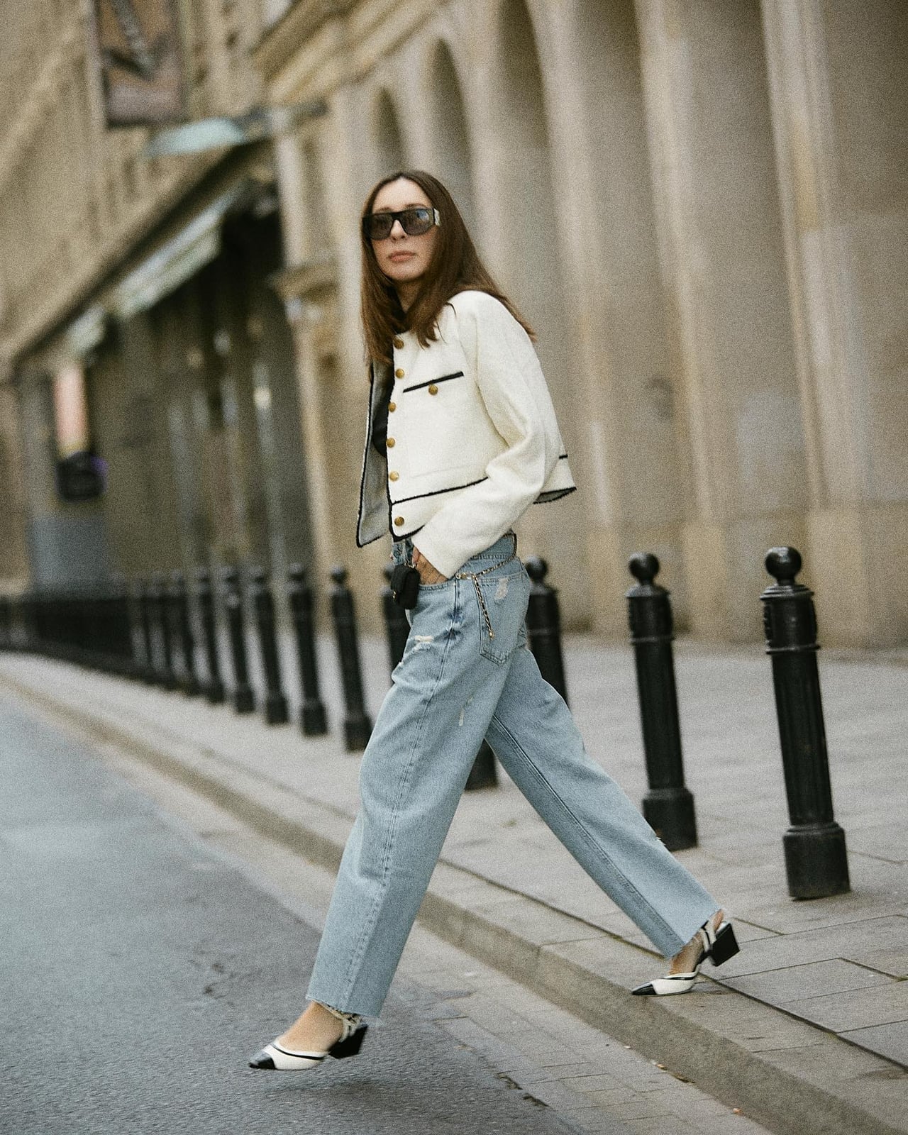 Cream Tweed Jacket with Light Blue Wide-Leg Jeans — Casual Office Outfit